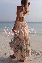 Cabo Sunsets Floral Print Petal Trim Back Lace-up Midi Dress