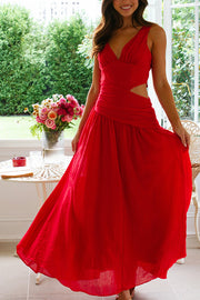 Solid Color V-neck Waist Hollow Slim Maxi Dress