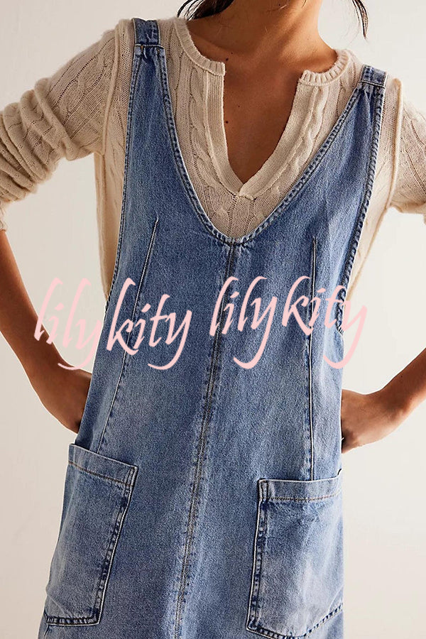 Solid Color Sleeveless V-neck Pocket Adjustable Denim Suspender Mini Dress