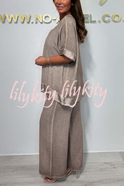 Fashionable V-neck Short-sleeved Loose Top and Elastic Waist Casual Wide-leg Pants Set