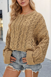 Solid Color Loose Long-sleeved Openwork Cable Knit Sweater