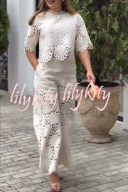 Eliose Scallop Cutout Embroidery Lace Elastic Waist Pocket Loose Pants