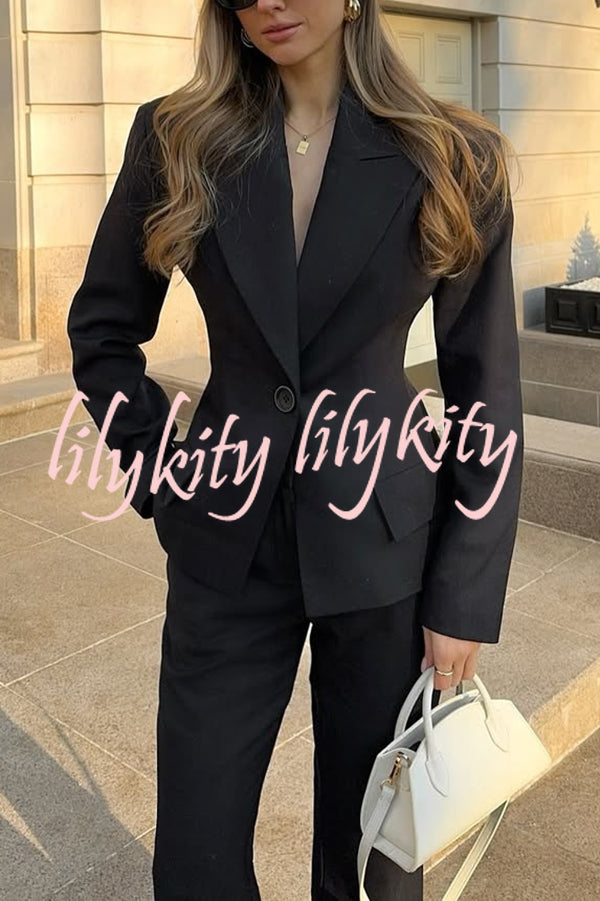 Solid Color Long-sleeved Single-button Blazer and Pocket Casual Flared Pants Set