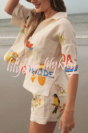 Hello Summer Linen Blend Hand-painted Print Blouse and Elastic Waist Pocketed Shorts Set