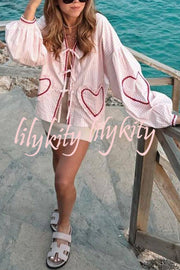 Lovely Plaid Heart Pattern Casual Lace-up Pocket Loose Shirt