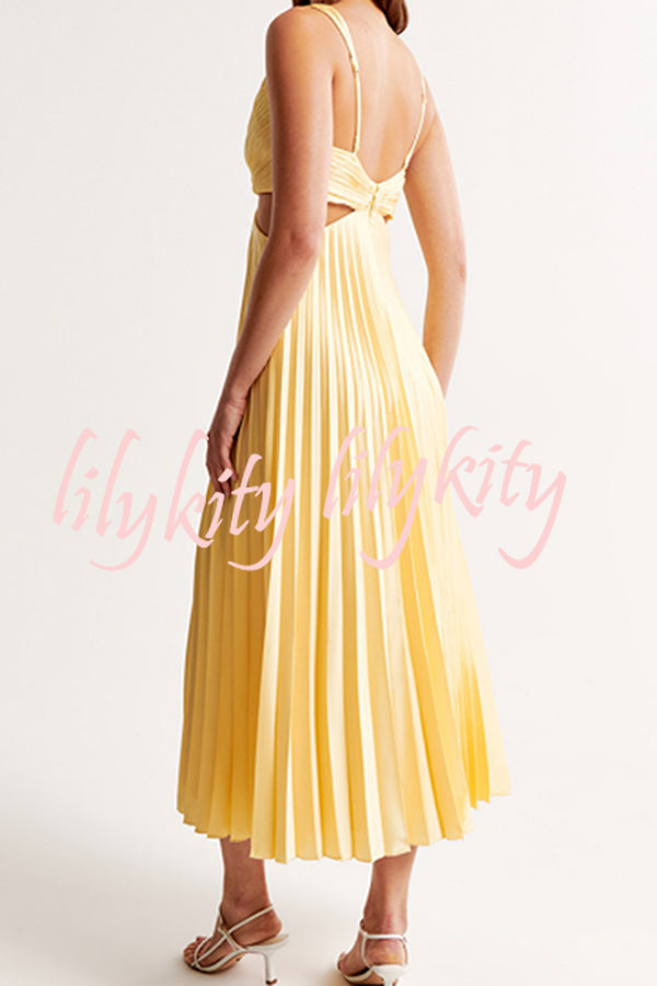 Summer Social Stain Pleated Cutout Waist Loose Midi Dress