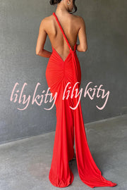 Sexy Backless Pleated Slim Solid Color Sleeveless Elegant Maxi Dress