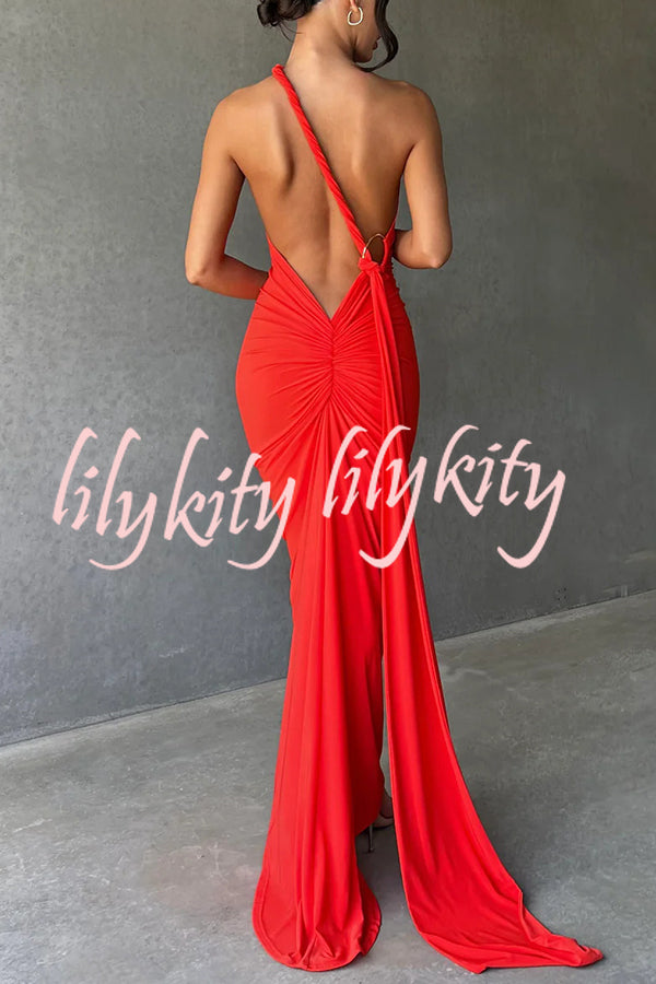 Sexy Backless Pleated Slim Solid Color Sleeveless Elegant Maxi Dress