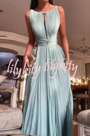 Sexy Sleeveless Open Back Cord Pleated Maxi Dress