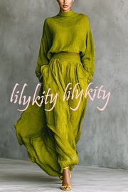 Linen Blend Solid Color Loose Long-sleeved Top and High-waisted Casual Pocket Maxi Skirt Set