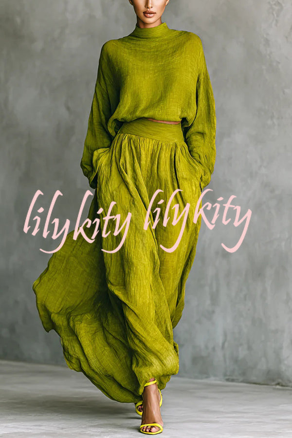 Linen Blend Solid Color Loose Long-sleeved Top and High-waisted Casual Pocket Maxi Skirt Set