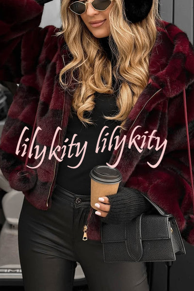 Winter Latte Gradient Print Ribbed Balloon Sleeve Hooded Loose Plush Coat