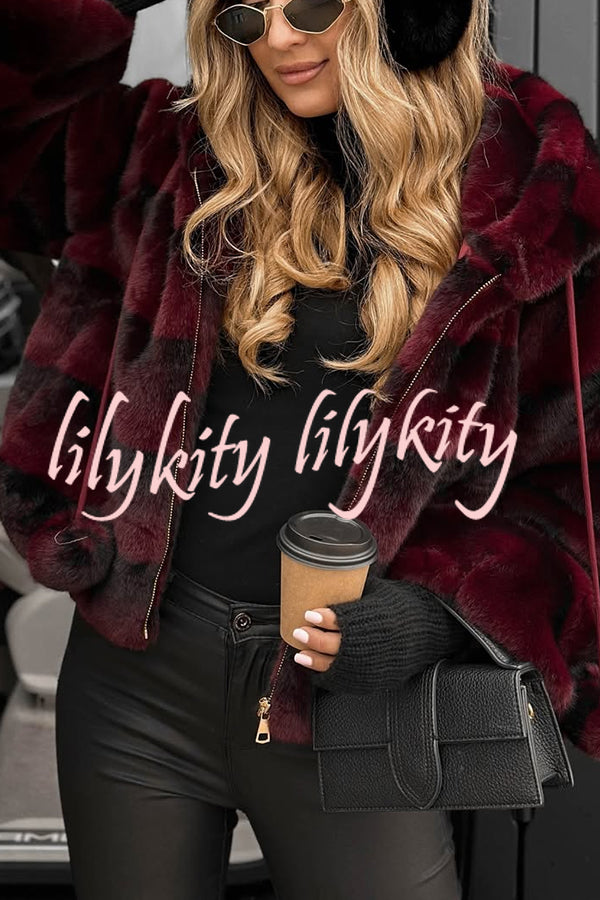 Winter Latte Gradient Print Ribbed Balloon Sleeve Hooded Loose Plush Coat
