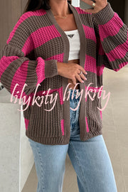 Fashionable Patchwork Striped Casual Pocket Knitted Sweater