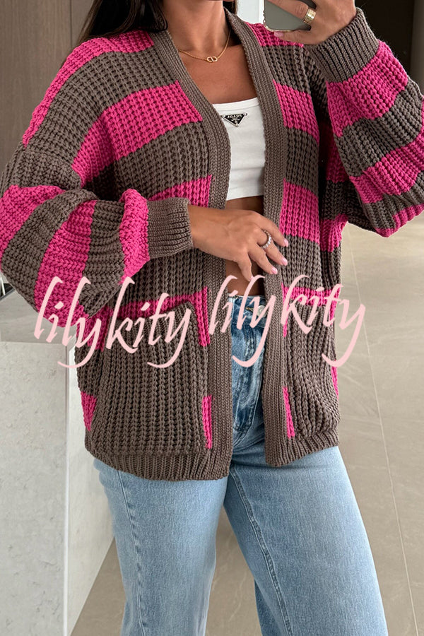 Fashionable Patchwork Striped Casual Pocket Knitted Sweater
