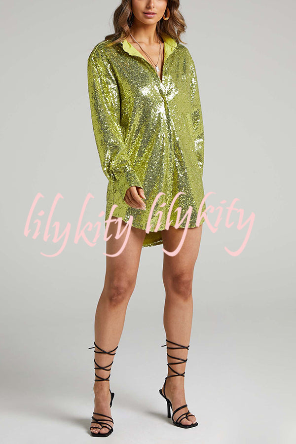 Solid Color Sequined Long-sleeved Casual Mid-length Loose Shirt