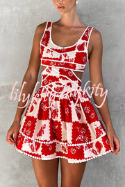 Holiday Colors Ric Rac Trims Unique Print Cutout Round Neck Mini Dress