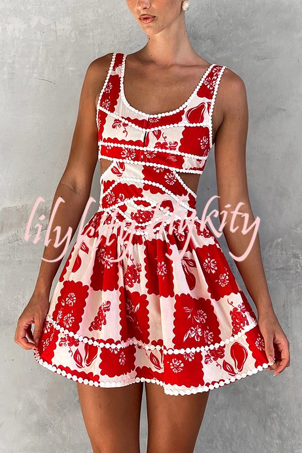 Holiday Colors Ric Rac Trims Unique Print Cutout Round Neck Mini Dress