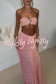 Fashion Metal Shell Embellished Sexy Bandeau and Elastic Tie Maxi Skirt Set