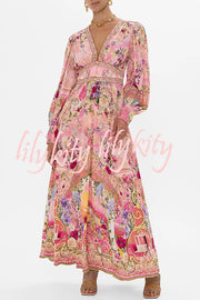 Fairy Tale Print V-Neck Lantern Sleeve Waist Maxi Dress