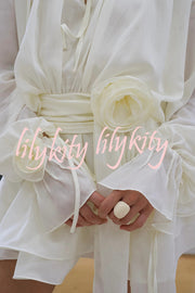 Solid Color Long Sleeve V-Neck Lace-Up Elegant Flower Decorated Mini Dress