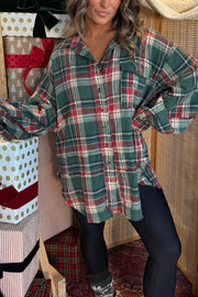 Christmas Morning Plaid Button Down Long Sleeve Pocket Loose Blouse