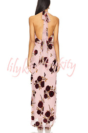 Rose Secret Printed Cowl Neck Halter Backless Maxi Dress