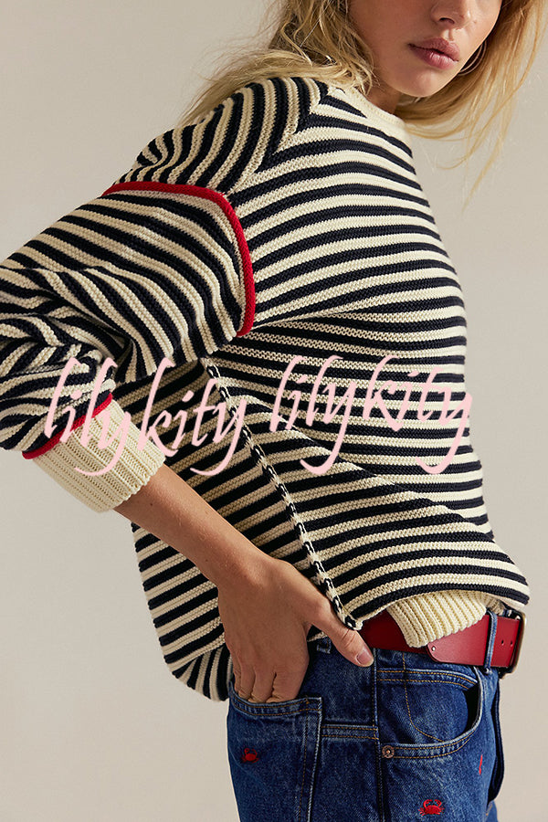 Fashion Striped Colorblock Loose Round Neck Long-sleeved Knitted Sweater