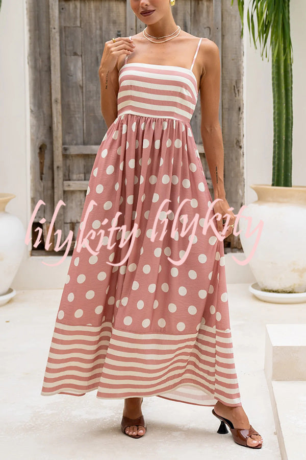 Striped Polka-dot Print Sling Pleated Open-back Maxi Dress