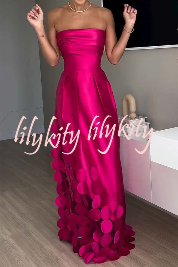 Luxurious Poise Satin Spliced mesh Polka-dot Fabric Off Shoulder Formal Maxi Dress