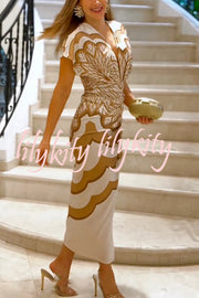 Feona Satin Unique Print V-neck Wide Sleeve Ruched Waist Slit Midi Dress