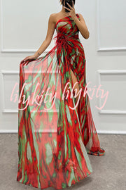 Amazing Views Watercolor Print Feather Rose Detail Off Shoulder Pleated Slit Maxi Dress