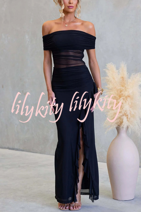 Sexy Mesh Off-shoulder Slim Fit Ruffled Slit Maxi Dress