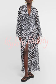 Marsie Zebra-print Elastic Drawstring Waist Long Bell Sleeve Cover-up Kimono