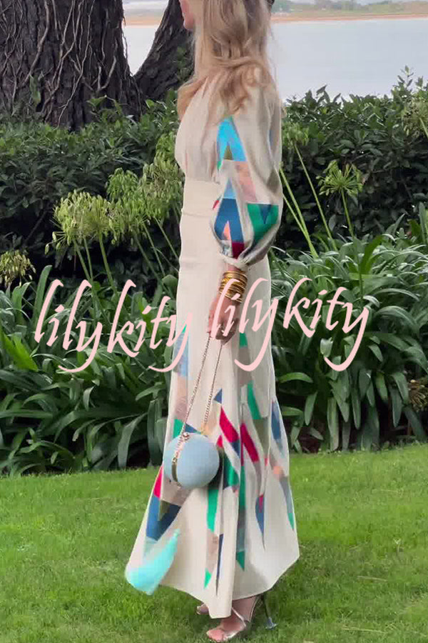 Highest Elegance Colorful Triangle Print Padded Shoulder Blouse and High Rise Maxi Skirt Set