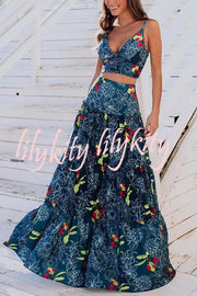 Unique Printed Suspenders Top and Loose Paneled Beach Maxi Skirt Set