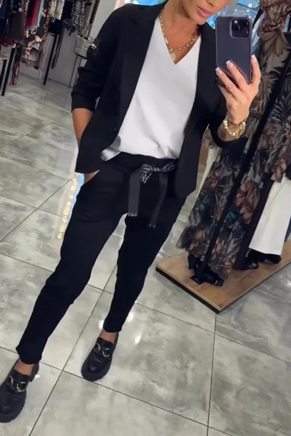 Smart Casual Lapel Blazer and Elastic Waist Tie Pocket Pants Set