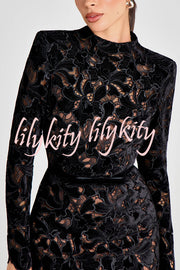 Diane Velvet Embroidered Floral Lace Long Sleeve Belt Scallop Edge Midi Dress