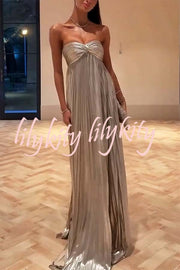Night Elf Metallic Fabric Pleated Off Shoulder Twist Bust Slit Maxi Dress