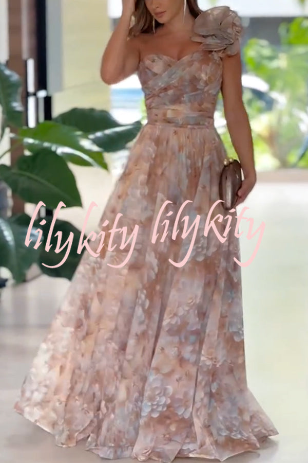 Romantic Ball Chiffon Floral One-shoulder Pleated Design Back Lace-up Gown Maxi Dress