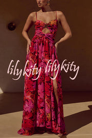 Resort Style Printed Starfish Brooch Cutout Ruched Slit Maxi Dress