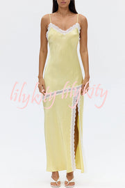 Sweet Trend Satin Lace Trim V-neck Slit Slip Maxi Dress