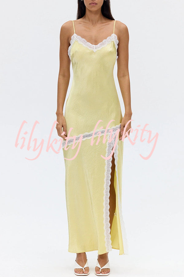 Sweet Trend Satin Lace Trim V-neck Slit Slip Maxi Dress