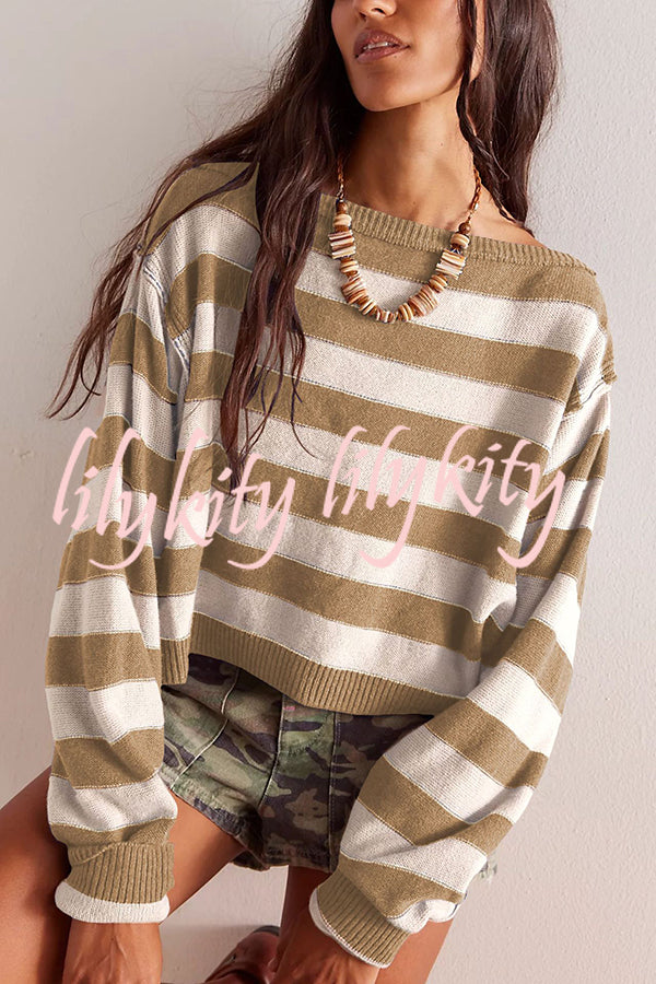 Striped Print Crew Neck Long Sleeve Loose Knitted Sweater