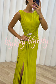 Pretty Special Pleated Embellished Slit Evening Maxi Dress