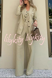 Solid Color Lapel Blazer + Slim Waistcoat and Pocket Wide-leg Pants Three-piece Set