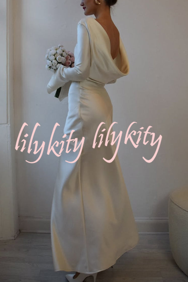 Satin Elegant Long-sleeved Open-back Slim-fit Slit Maxi Dress