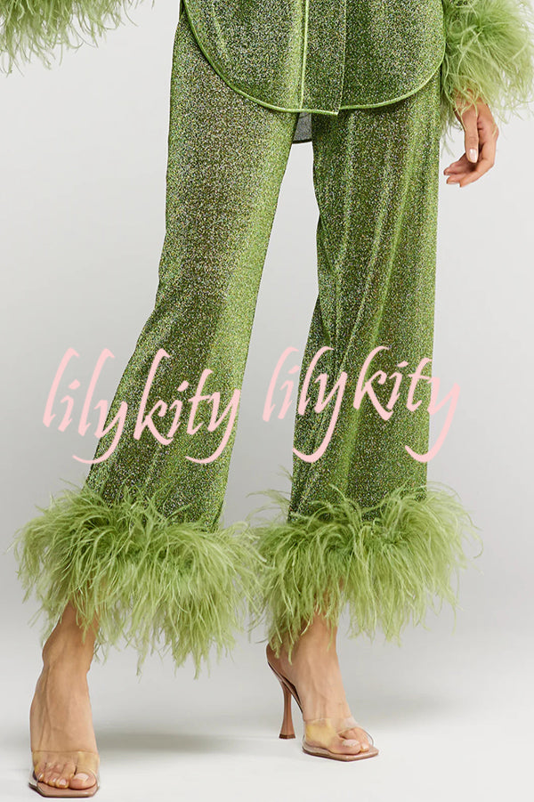 Glitter Fabric Feather Trim Long Sleeve Button Top and Elastic Waist Loose Straight Pants Set