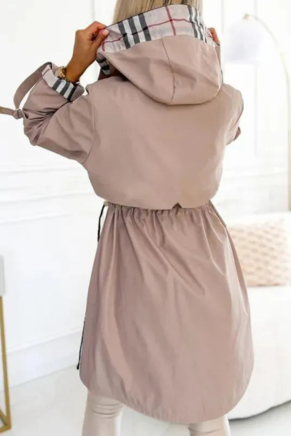 Fashionable Hooded Long-sleeved Zipper Plaid Casual Mid-length Jacket