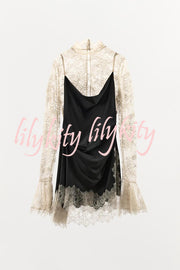 Gothic Romantic Lace Satin Patchwork High Neck Bell Sleeve Loose Mini Dress